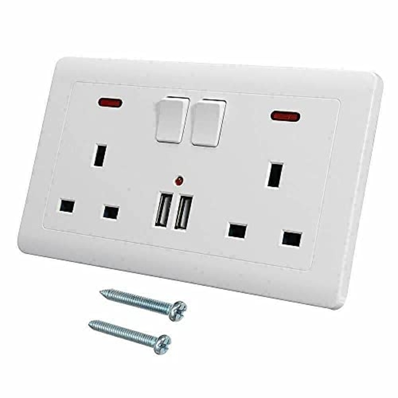 Double Switched Power Socket with 2 USB Charging Ports, Power Indicator, 2 Gang, 13 Amp, White