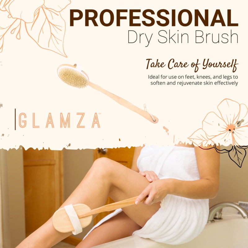 Glamza 2-in-1 Bath & Shower Brush | Dry Skin Exfoliating Body Brush | Free UK Delivery Long Handle & Brush