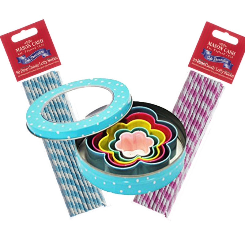 Fanci Baking 5 Pastel Metal Flower Cookie Cutters in Blue Tin & 40 Candy Lolly Sticks