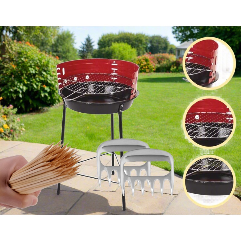 The 14-Inch Portable Charcoal BBQ Grill With Optional Skewer Claws & Bamboo Skewers! BQQ With Claws & Skewers
