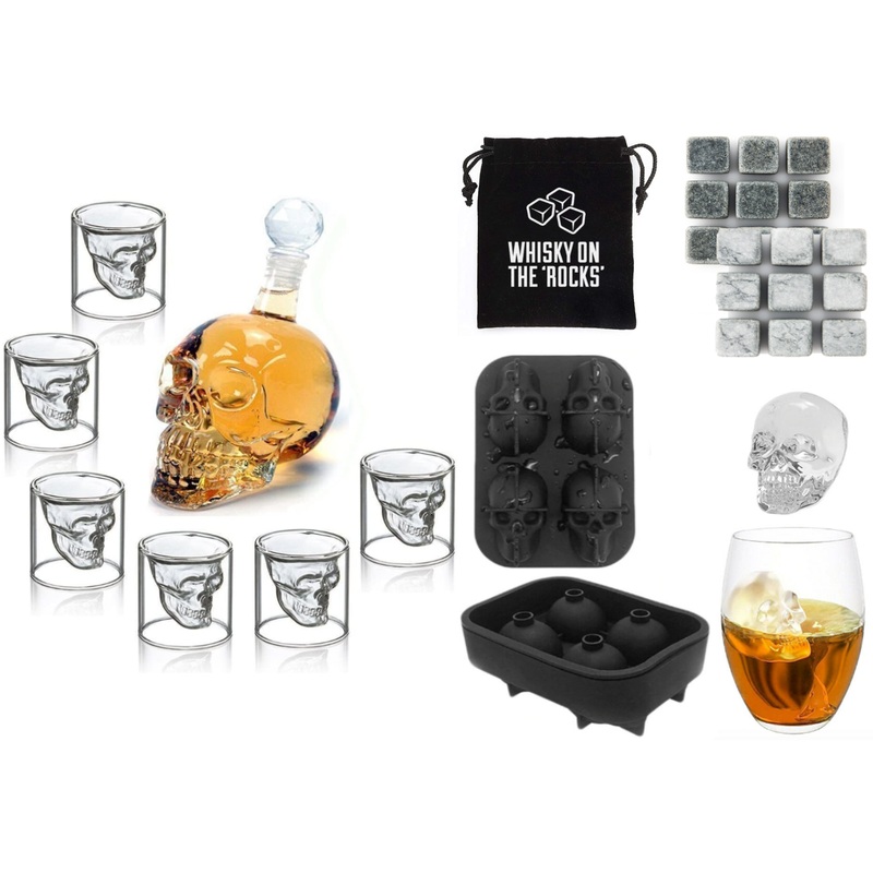 Ultimate Whiskey Set – Decanter, Glasses, Ice Skull Trays & Whisky Stones! 350ml Set with Light Grey Stones