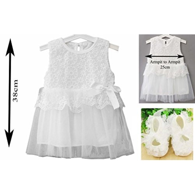 Baby Girls White Daisy Embroidered Lace Sleeveless Lined Dress with Satin Bow & Lace Shoes 6-12 Months