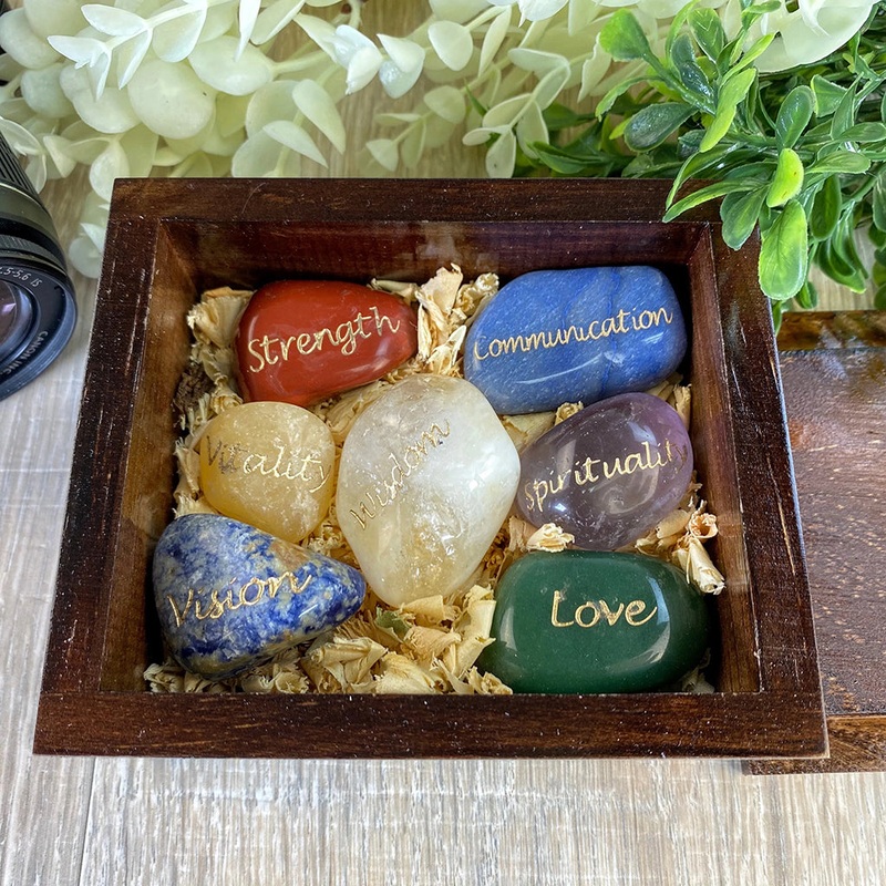 Seven Chakra Stones, engraved & in a Wooden Box – Handmade by Brazil Gems