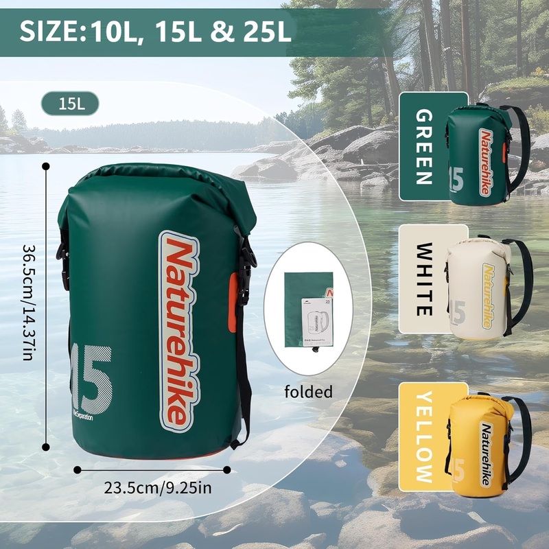 Naturehike Dry Bag Waterproof Sack with Long Adjustable Strap for Kayaking, Fishing, Swimming, Snowboarding Green 10 Litre