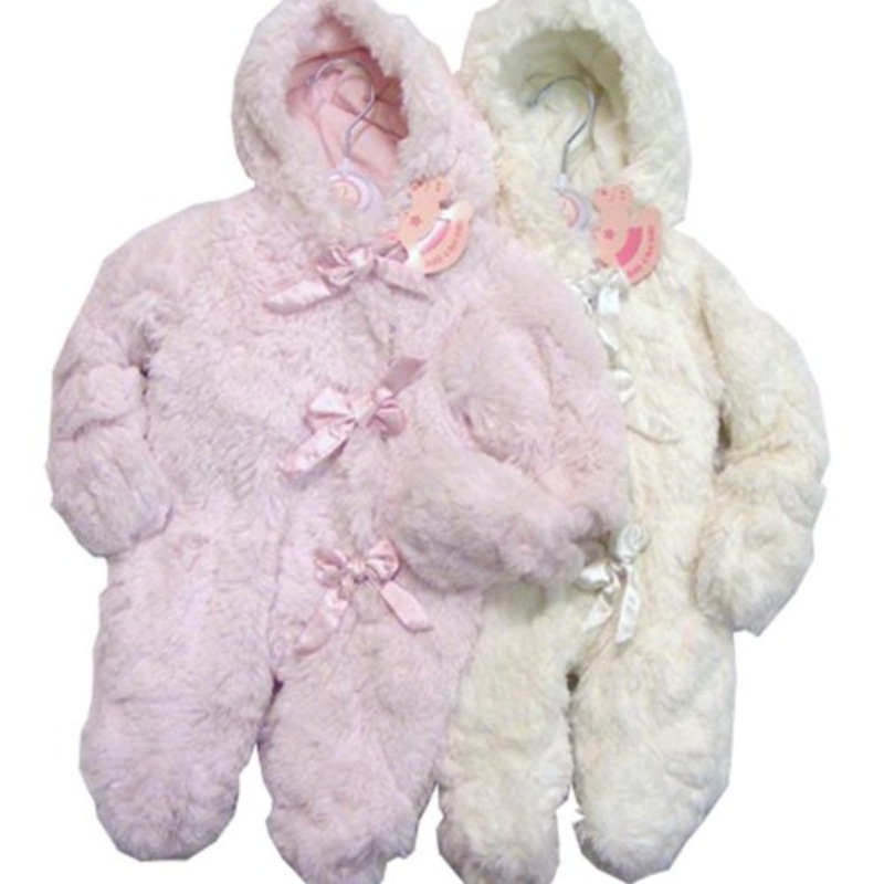 Baby Girl Luxury Fur Feel Lined Hooded Snowsuit with Satin Bows Winter White 18-24 Months