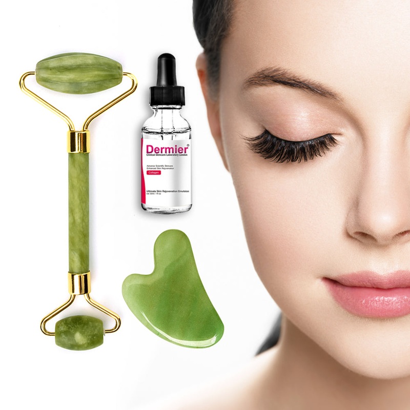 Glamza Jade Roller & Gua Sha Scraping Tool With 30ml Dermier Derma Collagen Serum Set