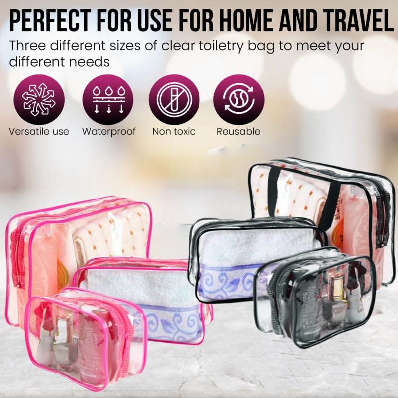 Transparent Travel Bag Set  Pink or Black with Free Delivery 3pc Black