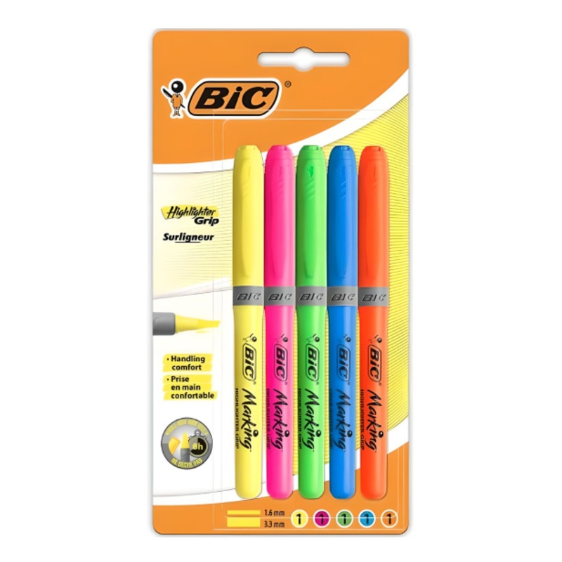 BIC Highlighter Grip 5-Pack  Vibrant Colours for Home, Office, or School with Free UK Delivery – Stationery
