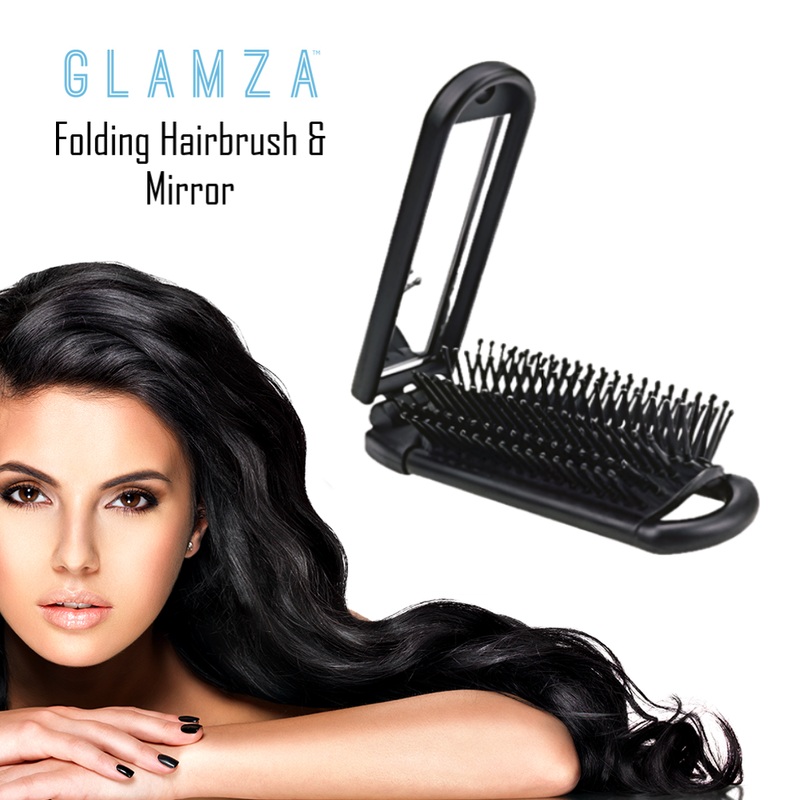 2-in-1 Mini Folding Detangle Hair Brush with Mirror Black Rectangle Black