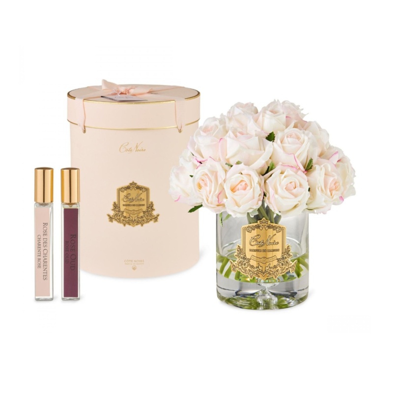 Cote Noire Luxury Grand Rose Bud Bouquet Pink Blush /Gold Badge & Clear Glass