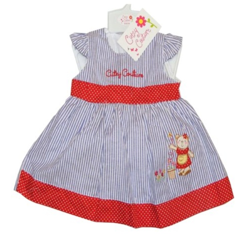 Cutey Couture Baby Dress & Knickers Blue & White Stripe & Teddy Detail 6-12 Months