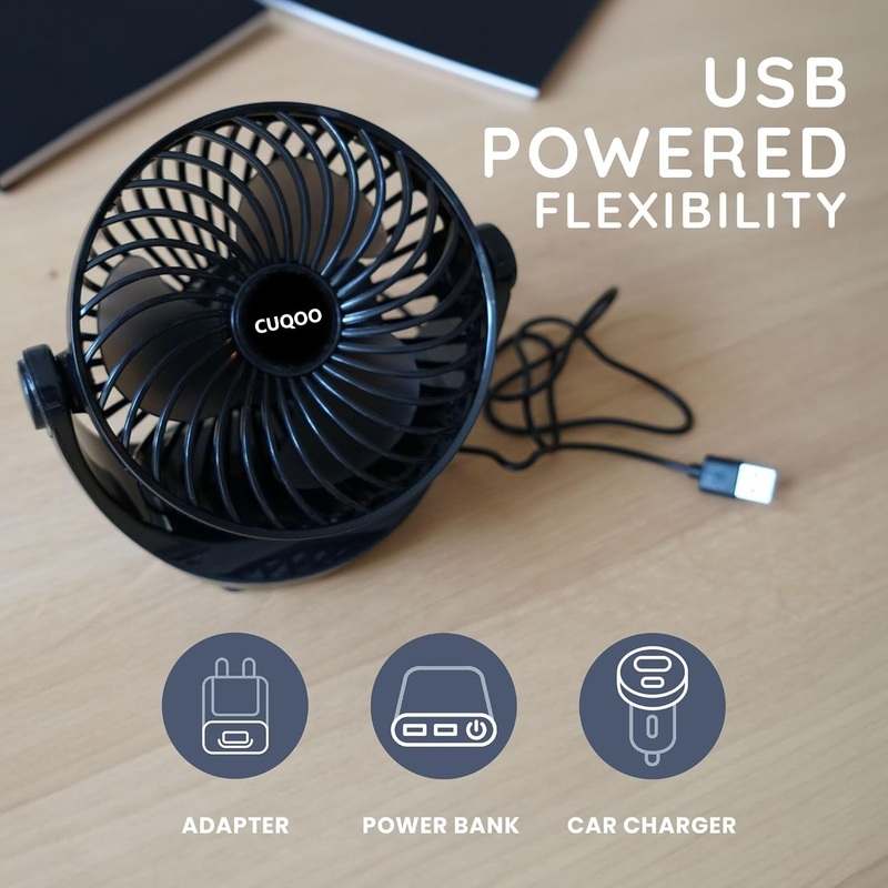 Generise 360 Rotatable USB Desk Fan in Black  Portable, Quiet, 3 Speeds  Free UK Delivery!