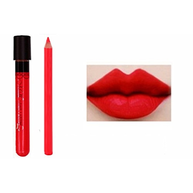 Kiss-Proof 2pc Matt Lip Colour Lipstick Wand Set with Lipliner Bright Scarlet Red