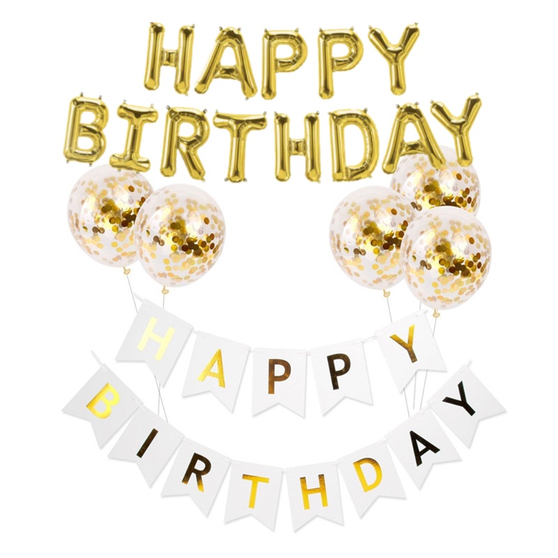 Large Happy Birthday Banner, Balloons and Banner Sets! Gold with Black Banner Set