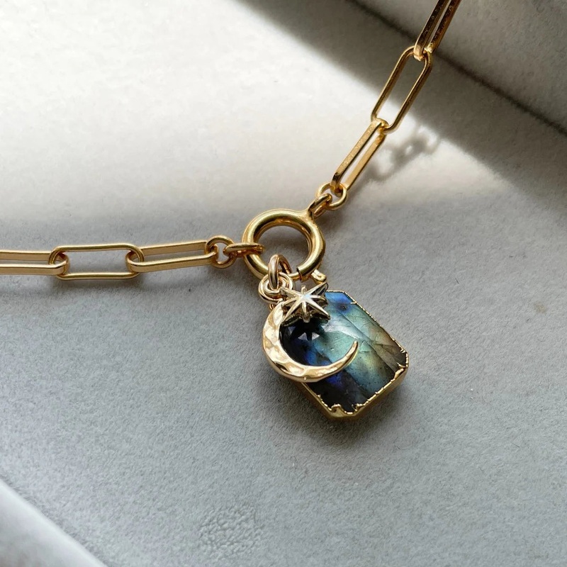 Labradorite Moon & Star Gem Slice Triple Chunky Chain Necklace – Adventure (Gold Plated)