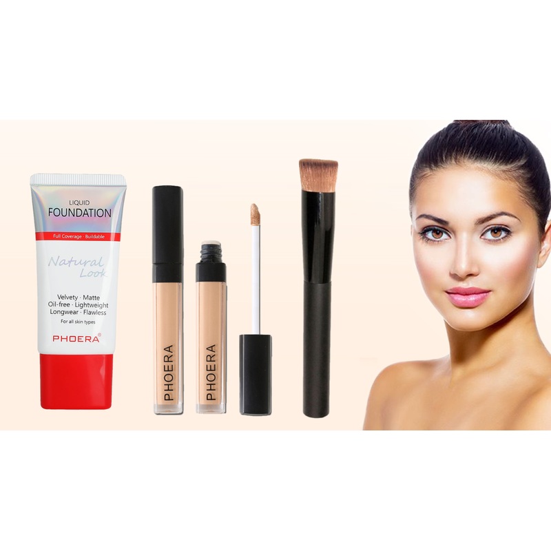 Perfect Base 2 – Phoera 3-Piece Makeup Kit with Foundation, Concealer & Brush  Free UK Delivery Phoera 3pc Kit – Red Foundation 101 + Concealer 101 + Liquid Foundation Brush