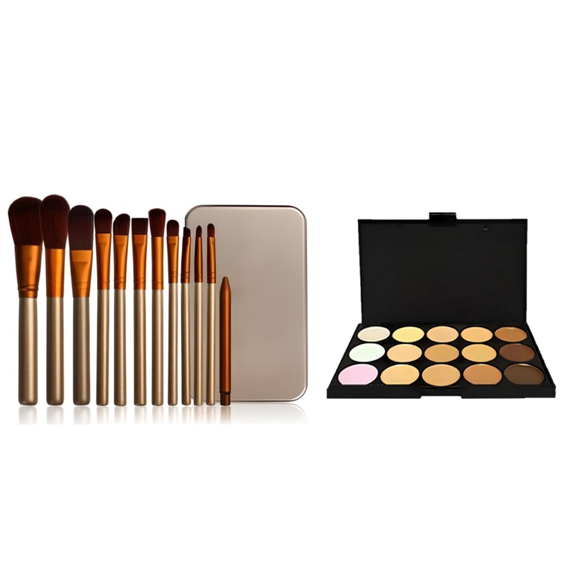 12pc Bronze Makeup Brush Set & Optional 15 Colour Contour Palette  Free UK Postage 12pc Brush Set & 15 Colour Palette