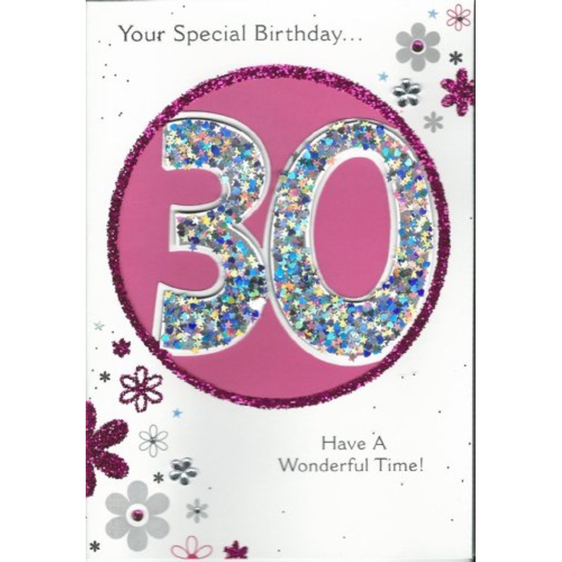 Birthday Card & Envelope 30th Pink Glitter