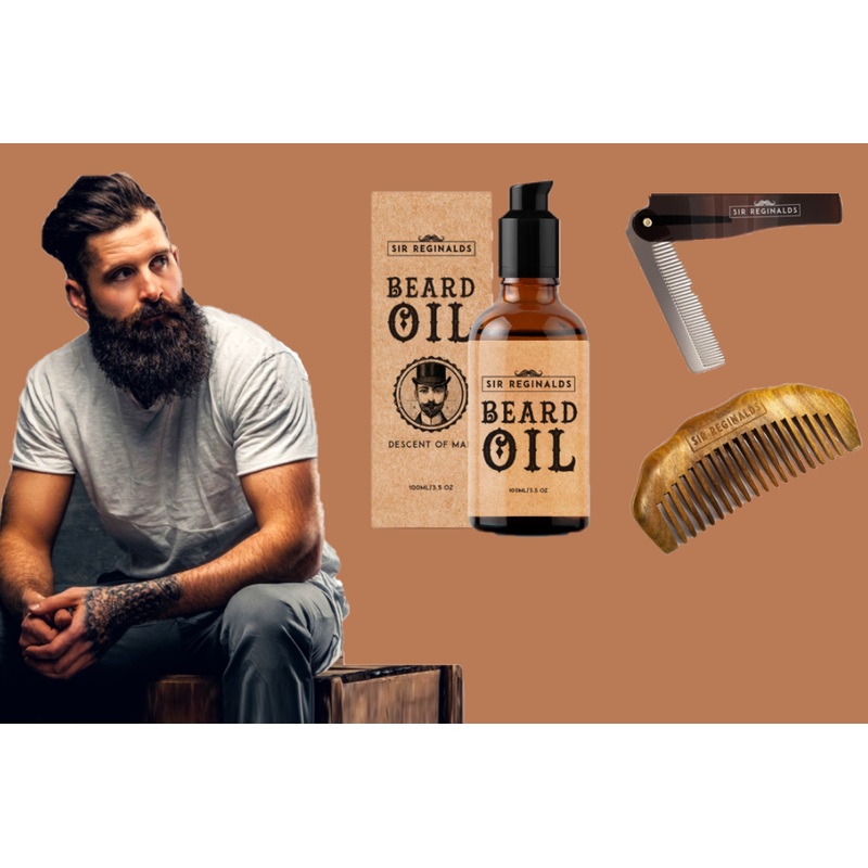 Sir Reginald’s 3 Piece Beard Grooming Kit  100ml Beard Oil, Sandalwood Comb & Foldable Moustache Comb  Free UK Delivery